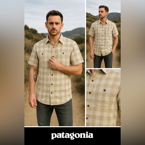 Patagonia Men’s Hemp Cotton Plaid Shirt L Short Sleeve Button-Down Tan - Picture 1 of 10